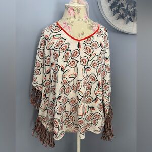 Democracy Cream and Orange Patterned Top with Fringe Detail